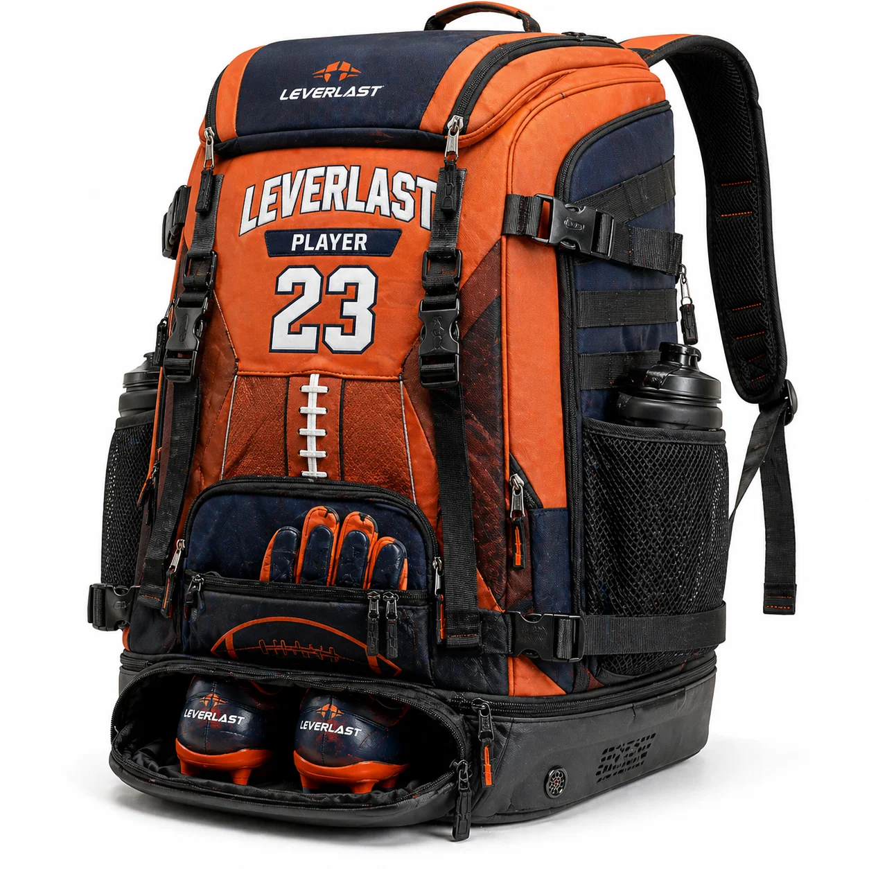 Custom American Football Backpack with Helmet Holder & Cleat Compartment – Team Sports Bag with Name & Number | LEVERLAST