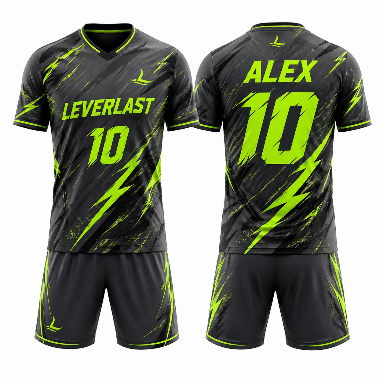 Custom Soccer Uniforms Black Neon Green | LEVERLAST Lightning Football Kits for Teams | Sublimated Soccer Jersey & Shorts