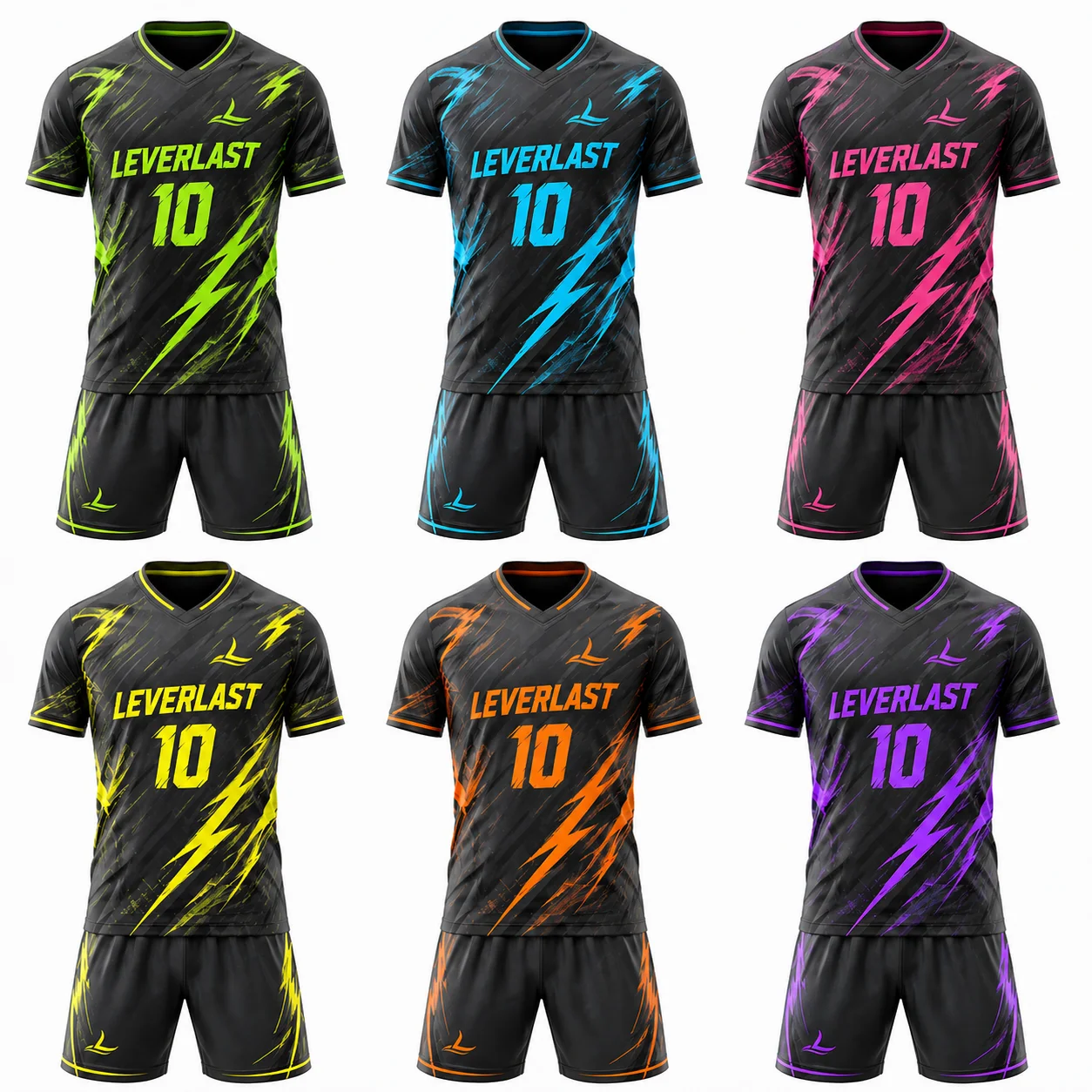 Custom Soccer Uniforms Multi Color | LEVERLAST Lightning Football Kits for Teams | Sublimated Soccer Jerseys Bulk Supplier